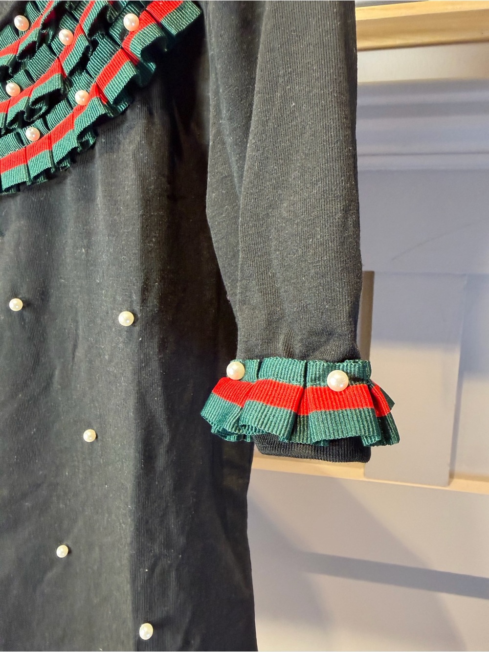 Black Pearl-Embellished Top with Green & Red Trim S - Picture 4 of 7